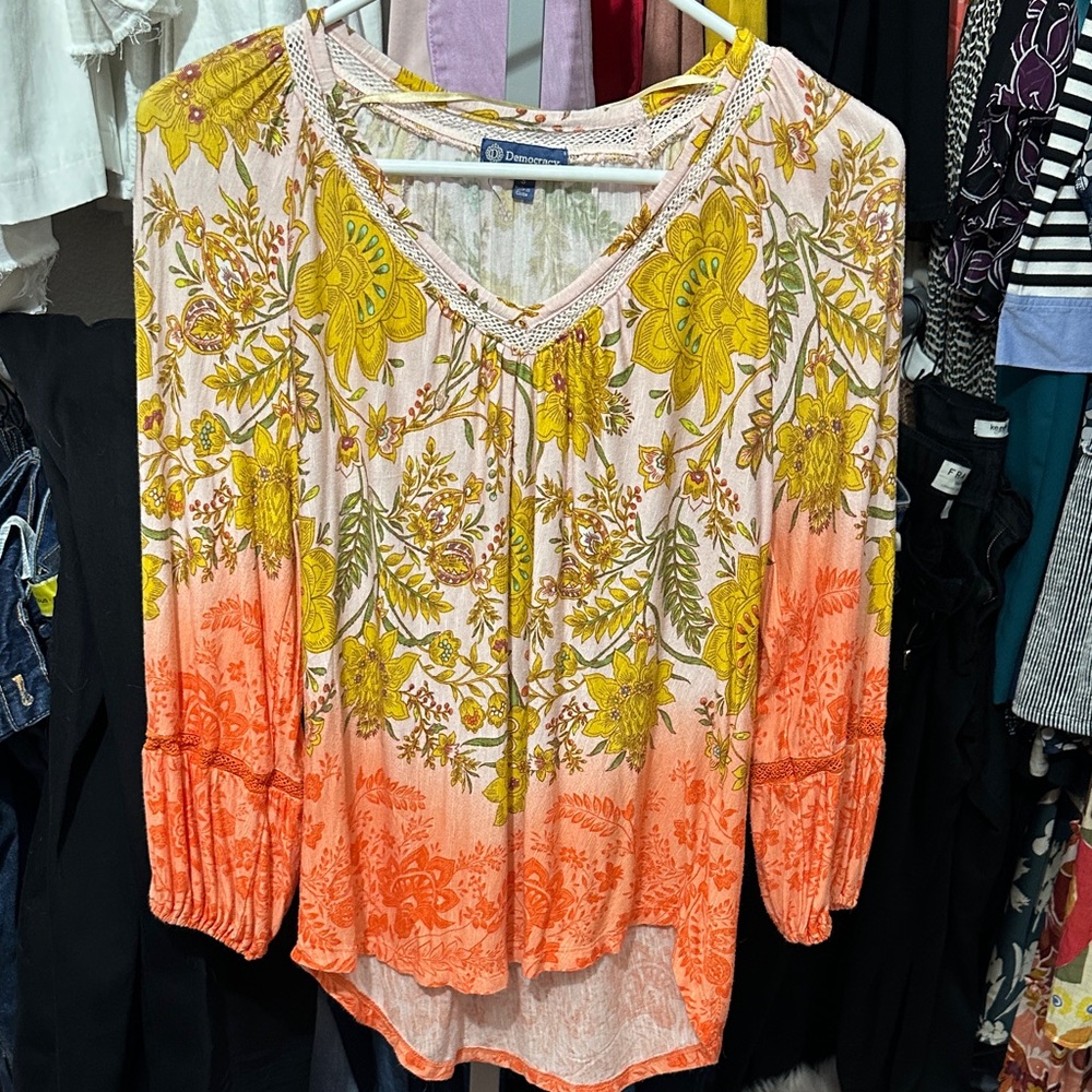 Democracy Floral V-Neck Blouse - Orange and Yellow